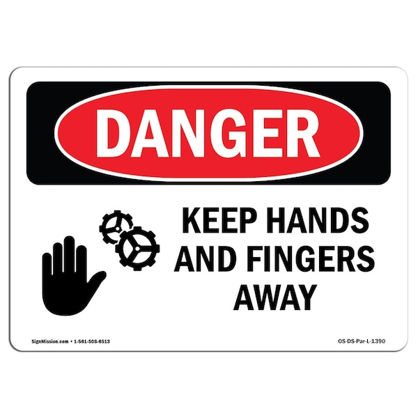 OSHA Sign, Keep Hands And Fingers Away, 5in X 3.5in Decal, 10PK, 3.5" W, 5" L, Landscape, PK10